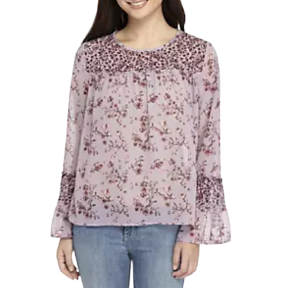 Jolt Purple Floral Print Blouse Sheer Babydoll Peasant Bell Sleeves Lightweight